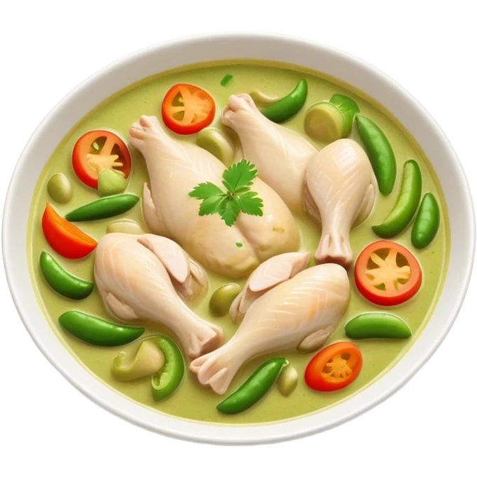 Cinematic Realistic Green Chicken Curry Dish Emoji, depicted with tender chicken simmered in a fragrant green curry sauce with vegetables rendered with rich textures and dynamic, vibrant lighting. emoji