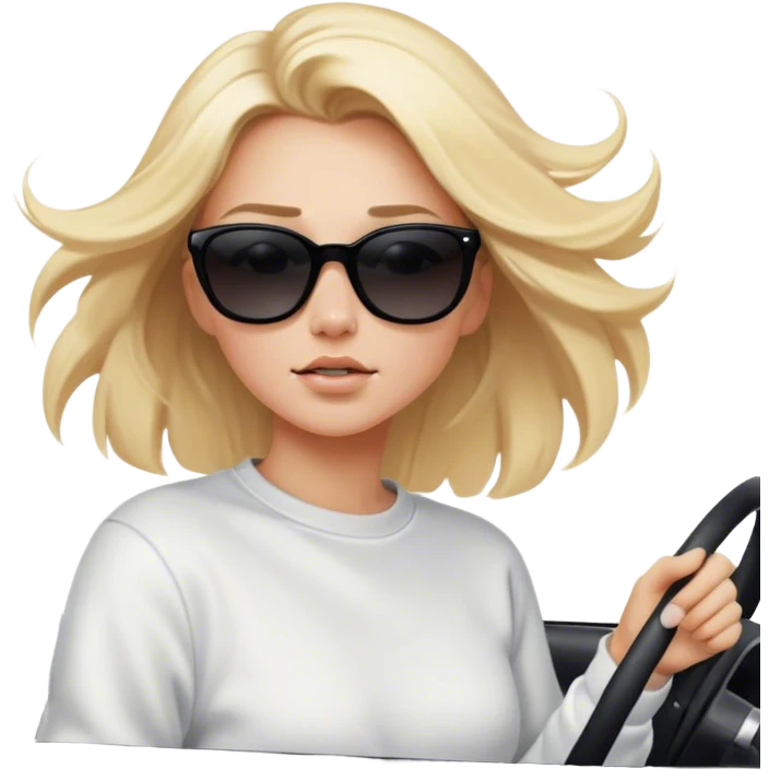 A cinematic realistic blonde in sunglasses, wearing a white sweatshirt, is driving a black car, her hair is slightly blowing in the wind. emoji
