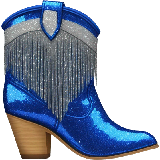 Realistic cobalt blue fashion cowgirl boots with sparkly shiny glitter fringe on them. emoji