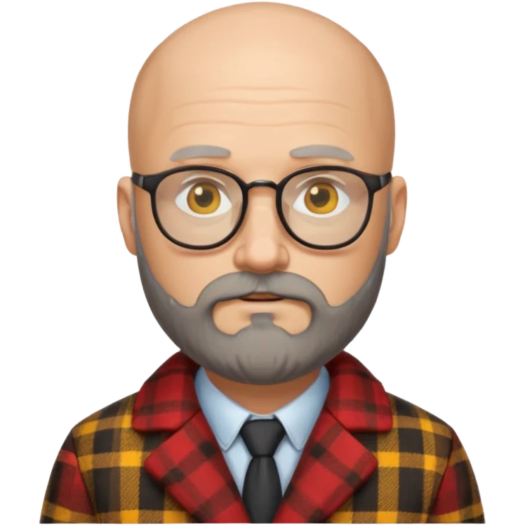 Un profesor calvo, que tenga barba abundante, lleva gafas con el cristal de color amarillo y un abrigo de cuadros rojo emoji