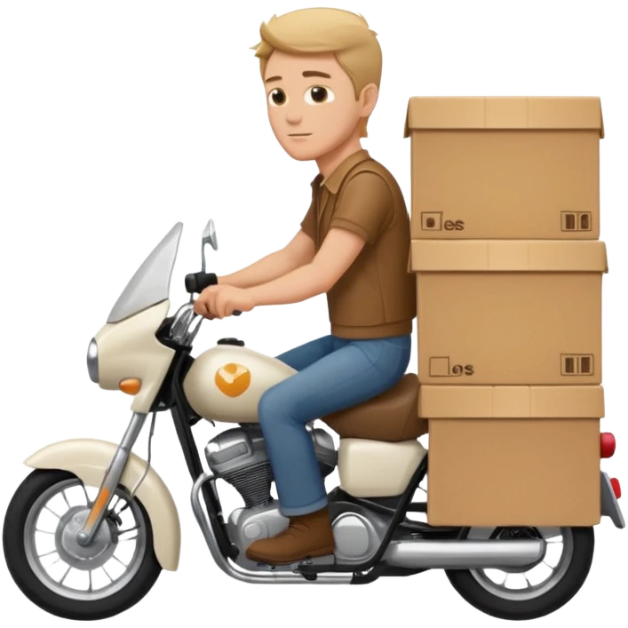 همین پستچی سوار بر موتور با پوست سفید  که نیم رخ آن معلوم باشه اما جعبه های پشتش از جنس کارتون باشه و دوتا جعبه کارتون باشه یکی کوچک تر و یکی بزرگ تر کوچیکه روی بزرگه emoji