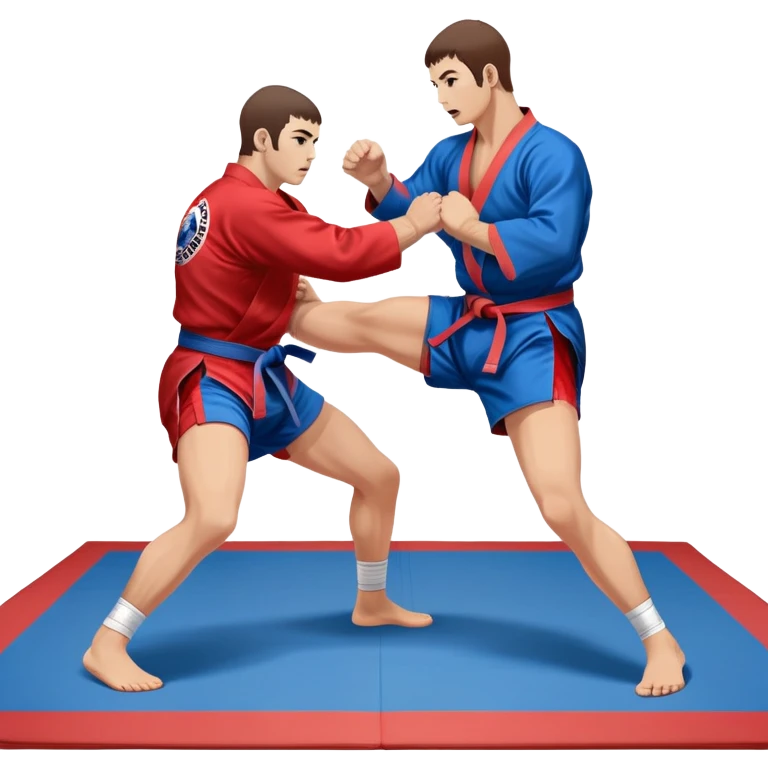Two Sambo fighters in blue and red kimonos, with shorts and wrestling shoes, performing grappling and throwing techniques. The background shows a wrestling mat and an intense, focused atmosphere. Transparent background highlights the fluidity and skill of the sport without strikes. emoji