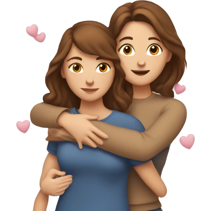 woman with brown short hair hugging a woman with brown long hair with hearts surrounding them emoji