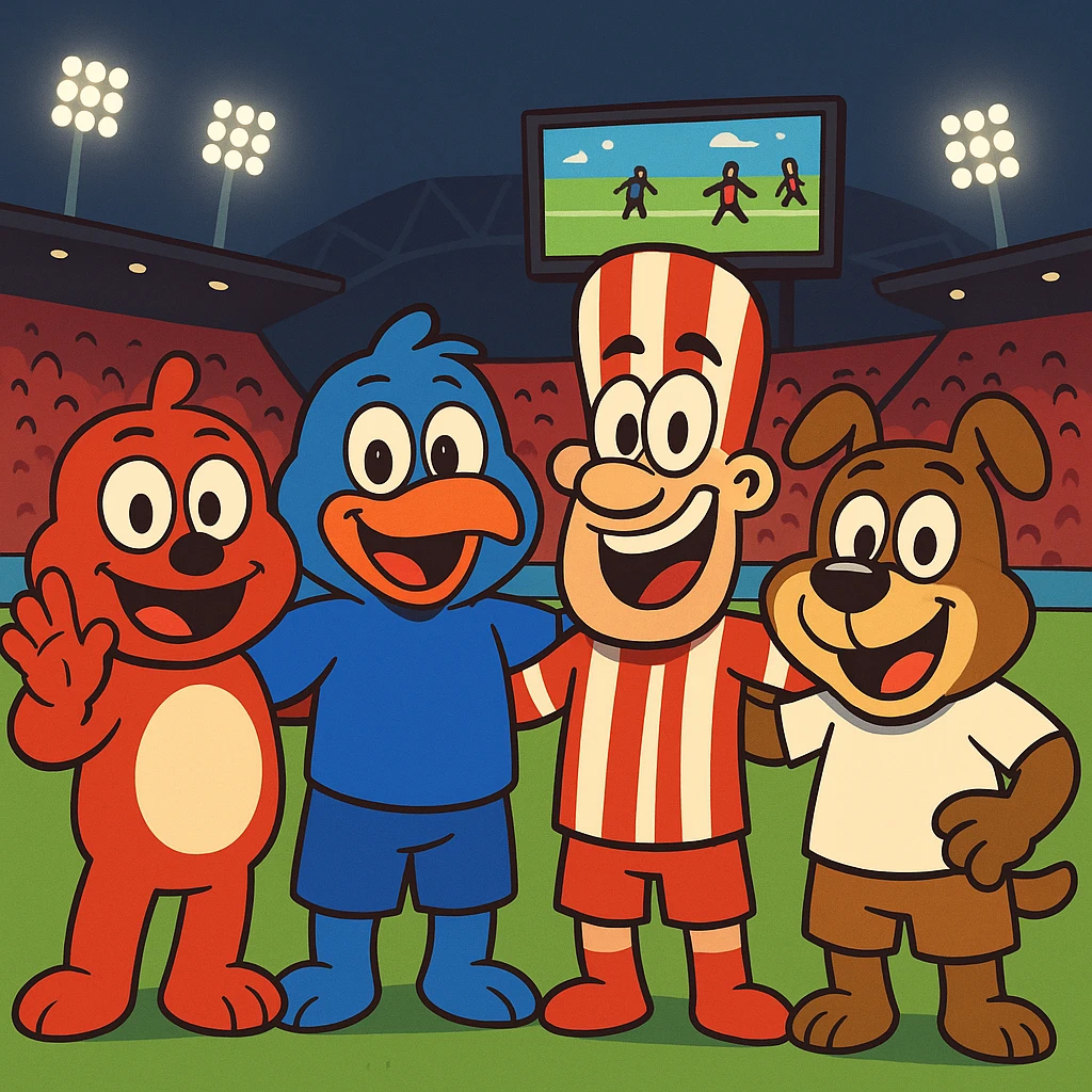Make the five mascots much more cartoonish and exaggerated, with playful expressions and bold, fun shapes, while keeping the vibrant night soccer stadium, bright lights, green grass, red seats, large screen, and crowd in the background. Preserve the mascot colors and positions. emoji