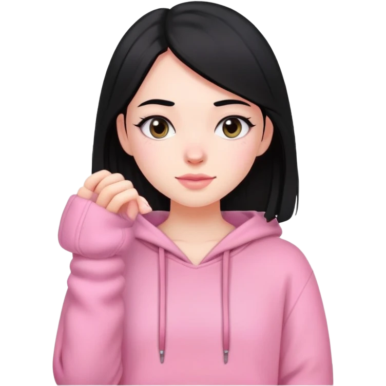 pale girl with medium length black hair, wearing a pink comfy outfit emoji