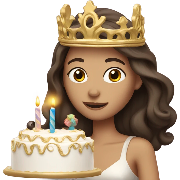 Long dark brow haired Caucasian with birthday cake and a gold tiara emoji