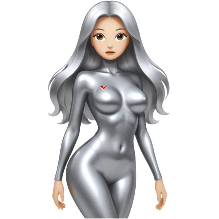abstract sensual skinny&busty body silhouette, liquid silver chrome, smooth curves,chrome silver long hair, chrome metallic color face and body, sensual poses emoji