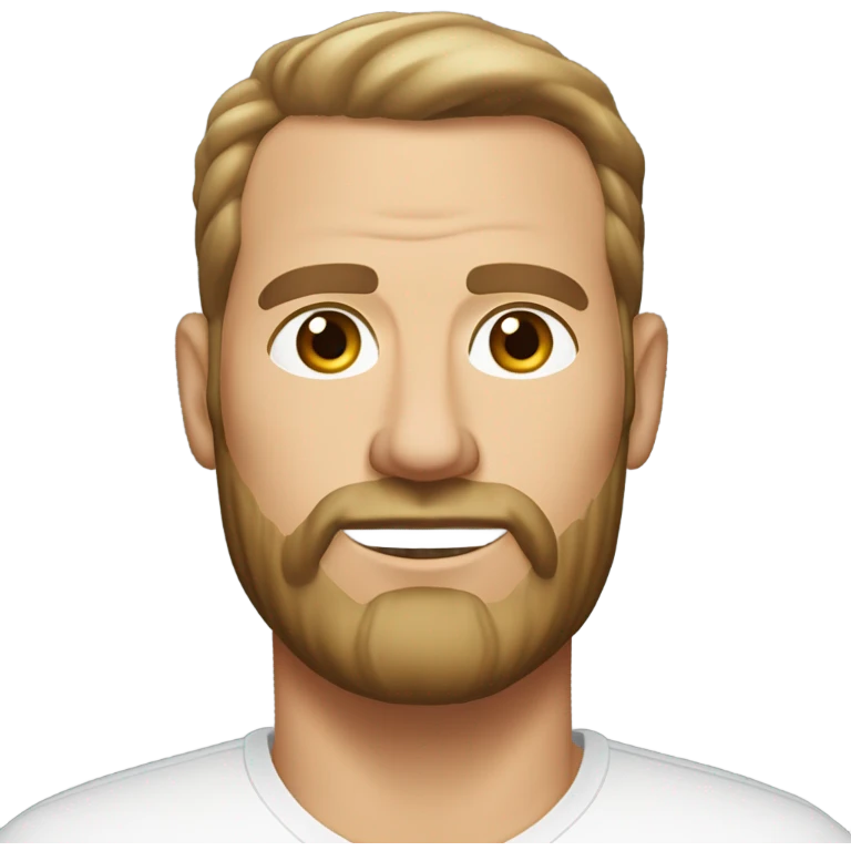 middle aged english man, short slicked back hair dark blonde, dark blonde medium length size full beard, wearing only a plain white smart shirt unbuttoned. emoji