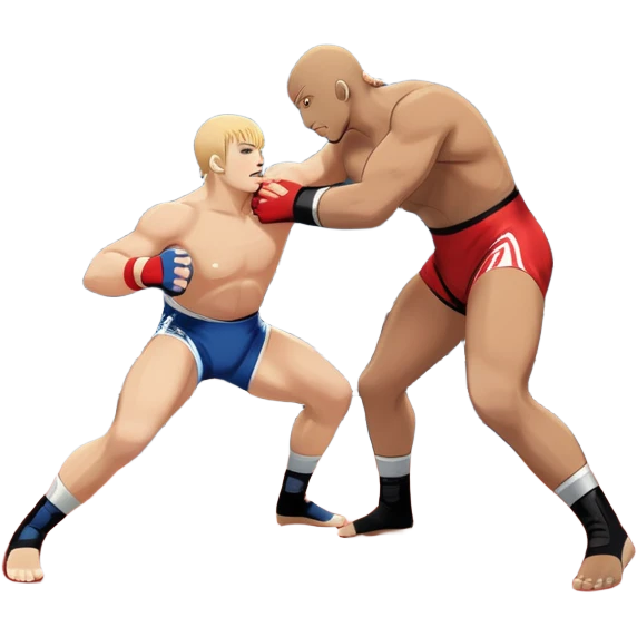 An icon depicting two wrestlers in a grappling stance on the mat, engaged in a fierce combat. One fighter attempts a takedown, while the other resists. The background shows a wrestling arena with bright lights and spectators around the edge of the ring. Transparent background  emoji
