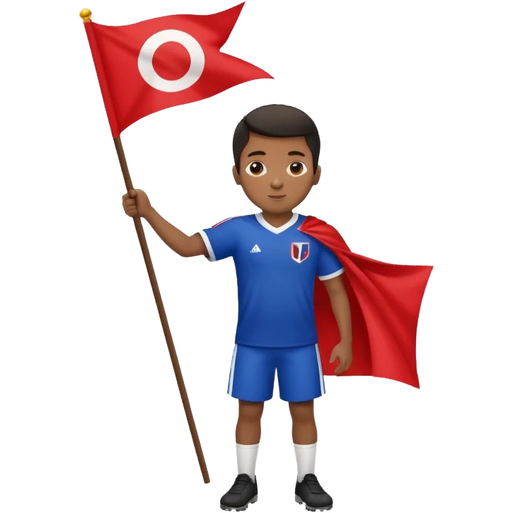 A black boy holding a big team flag, waving it proudly with a determined expression full body emoji