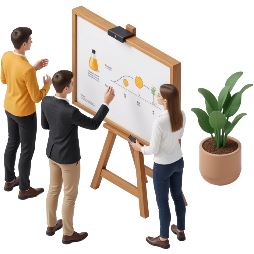 a team of designers around a whiteboard, skeuomorphism style emoji