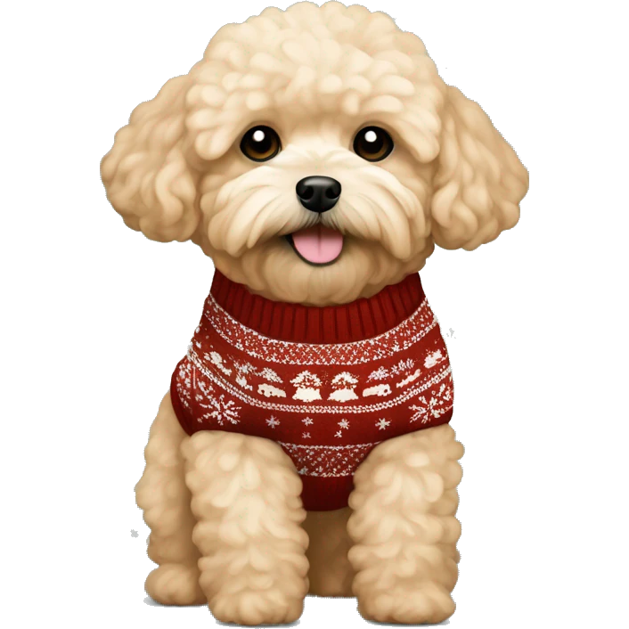 Light apricot color maltipoo with Christmas sweater emoji