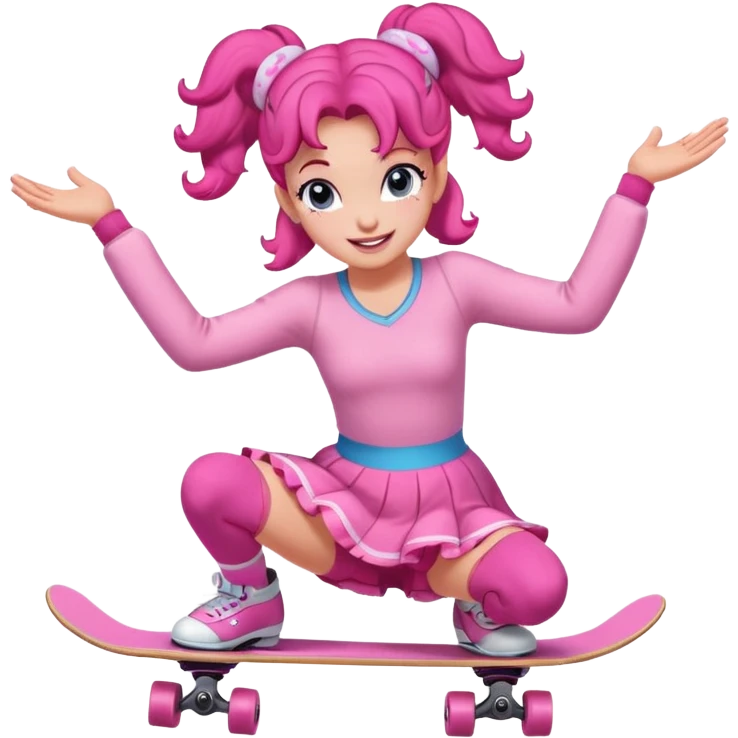 Cute skater girl pinkie pie with two buns and pink outfit, gliding with playful energy. emoji