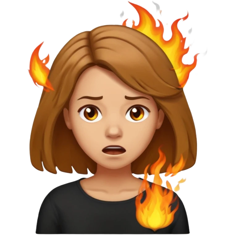 Woman with hair on fire looking stressed and panicked with brown shoulder length hair—longer hair please and light skin—an Irish gal emoji