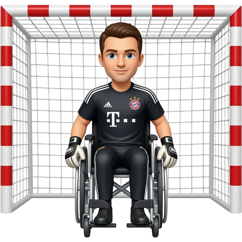 der Torwart von fc bayern münchen hat sich verletzt, daher ist er im Tor sitzend im Rollstuhl emoji