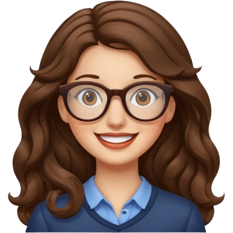 happy woman with long wavy brown hair and glasses emoji