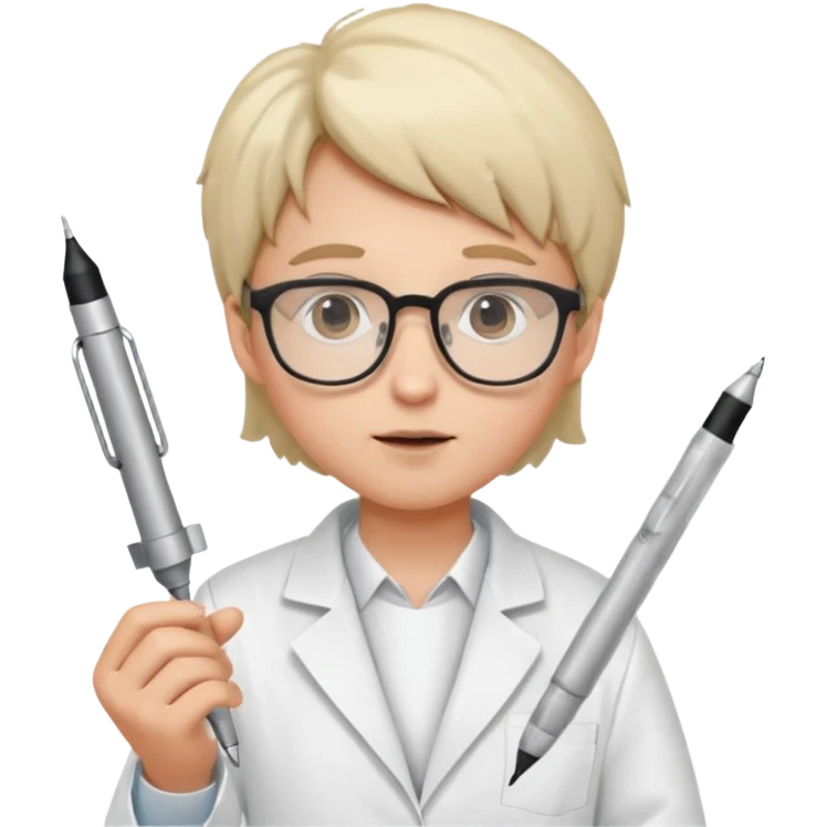 Portrait of a young scientist wearing a white lab coat, glasses, curious expression emoji