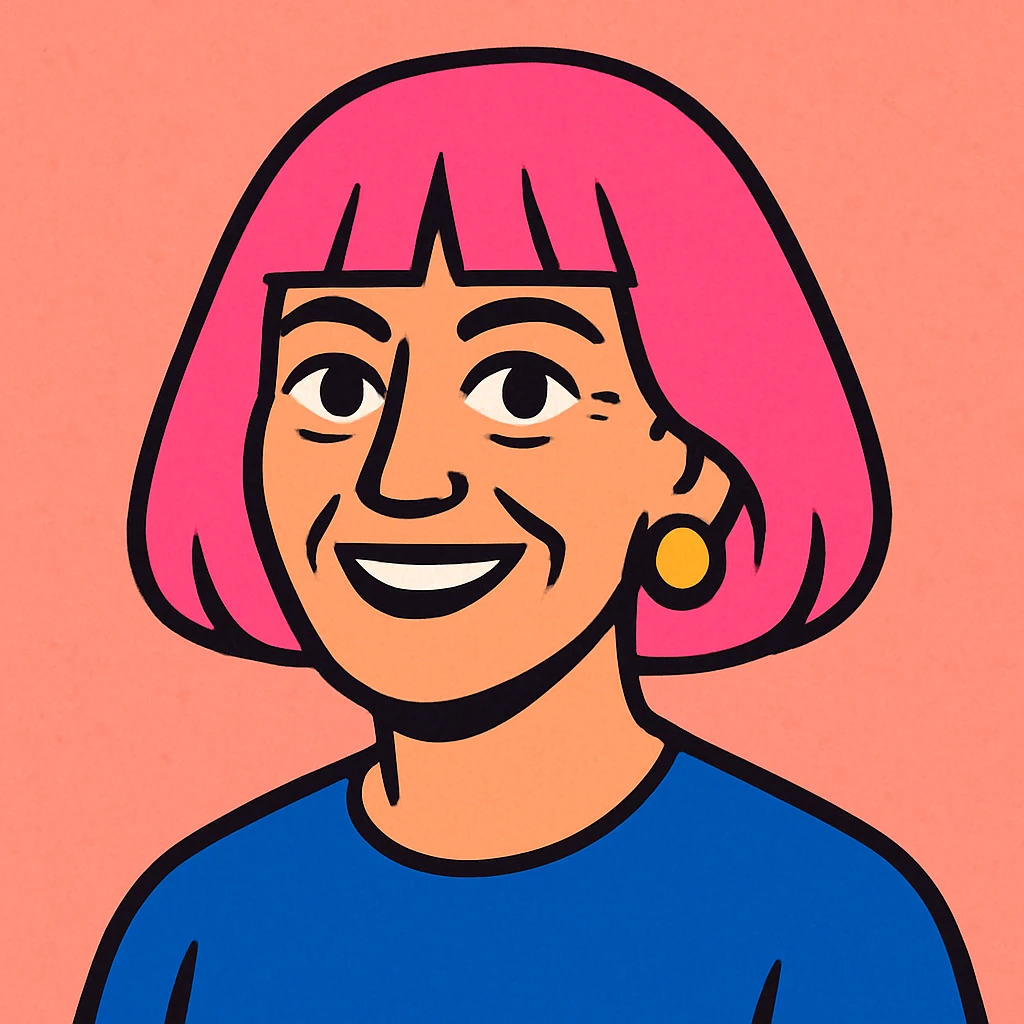 Mature woman, age 50, pink bob haircut, pink salt background, cheerful vibe emoji