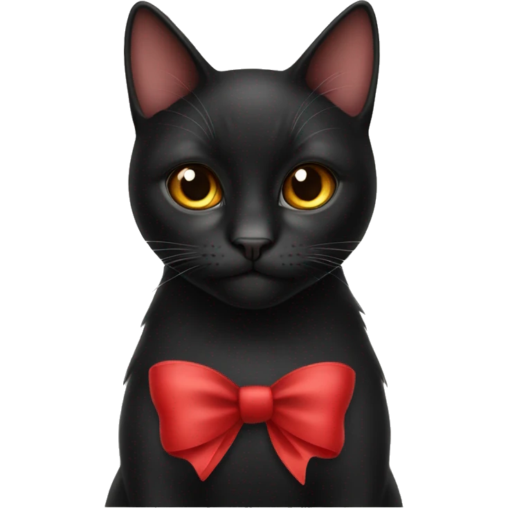 Black cat with brown eyes wearing a red bow on her neck emoji
