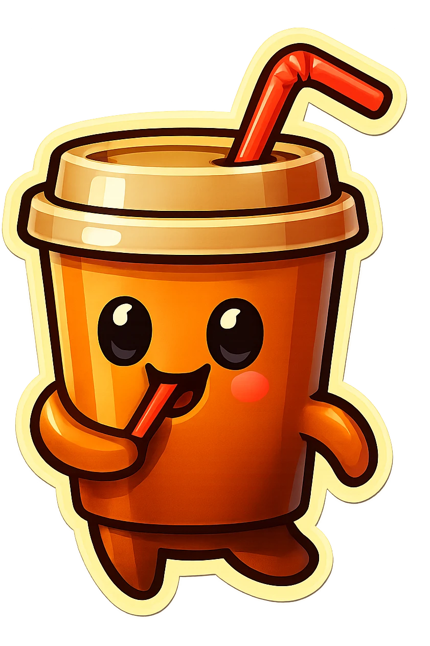 Tall coffee cup, amused, drinking coffee with straw, looking sideways emoji