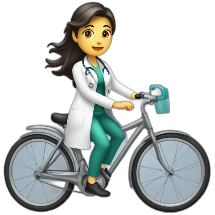 long and dark hair female doctor riding a shiny bicycle emoji