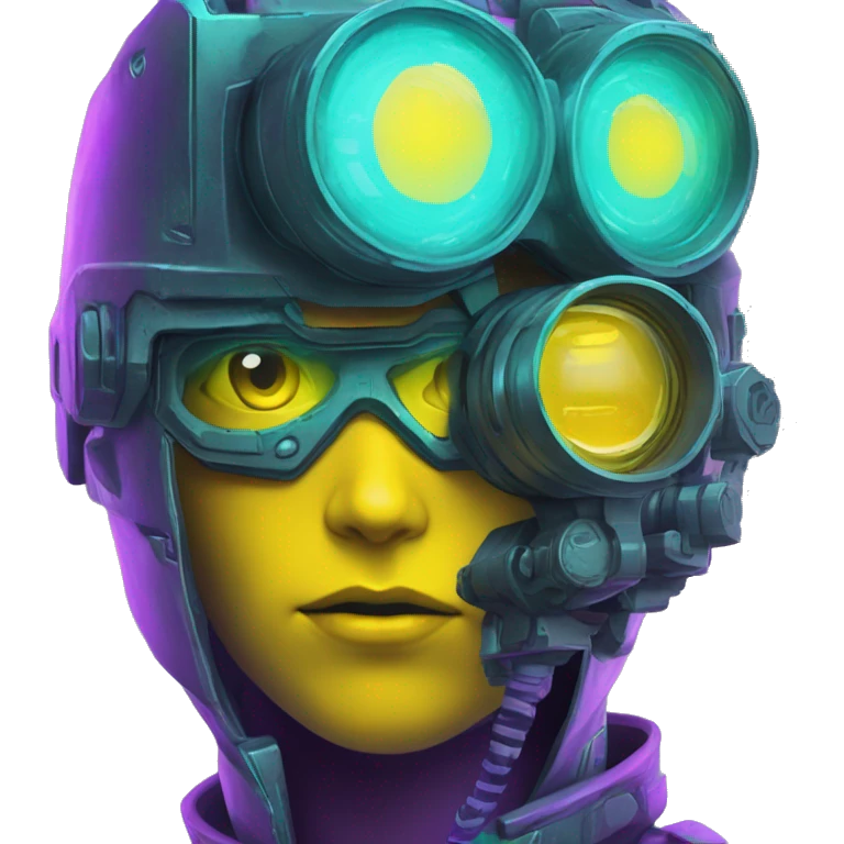 Secret human yellow emoji face agent with  cyberpunk elements with a spyglass scanning looking reviewing multicolor lines of code, cyan and purple colors, only upper body portrait emoji