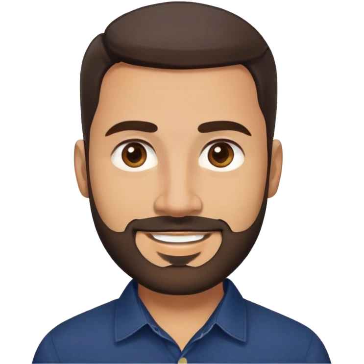 Robust warm-looking man in his early 40s with light brown skin, round face, full cheeks, medium brown eyes, thick eyebrows, wide nose, friendly smile, short neat full beard, very short dark hair, wearing a navy blue button-up shirt emoji