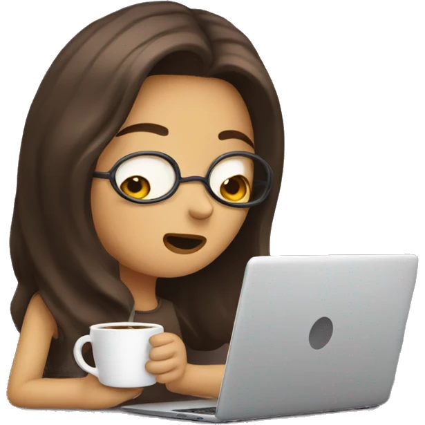 tired girl with laptop drinking a lot of coffee emoji