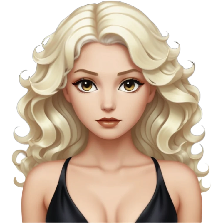 A half-body portrait of a woman with platinum blonde hair styled in tight waves. She’s wearing a luxurious black silk dress with a plunging neckline, her expression fierce yet graceful, with soft lighting creating a glowing halo effect around her emoji