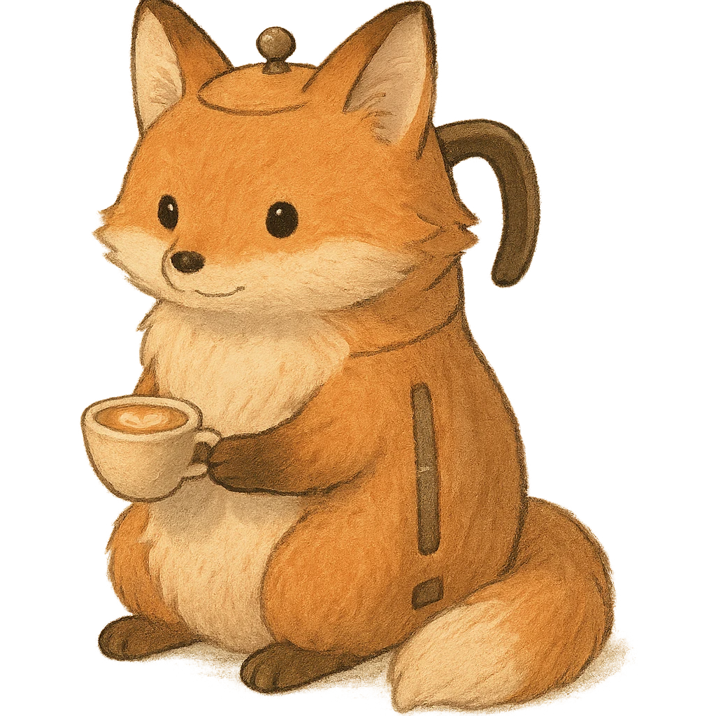 high-quality, visually appealing, normal-looking soft pastel fluffy fox designed as a coffee maker animal, holding a tiny latte cup, brown and beige tones, full-body, transparent background, 电器拟动物风格 emoji