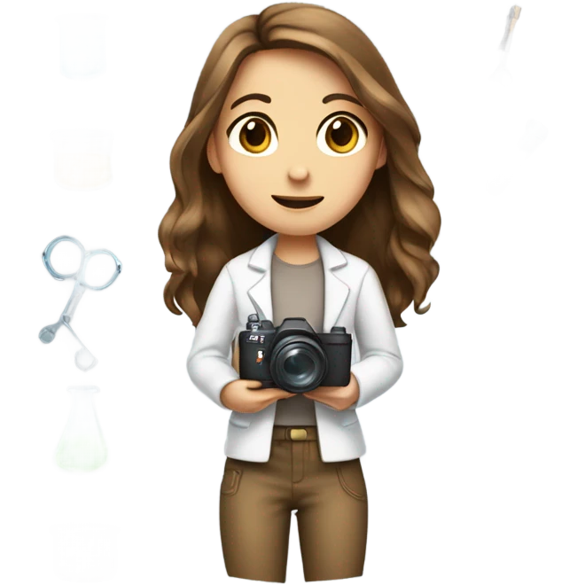 Girl wi with long brown and eyes hair with camera in her hand and with laboratory things in another hand emoji