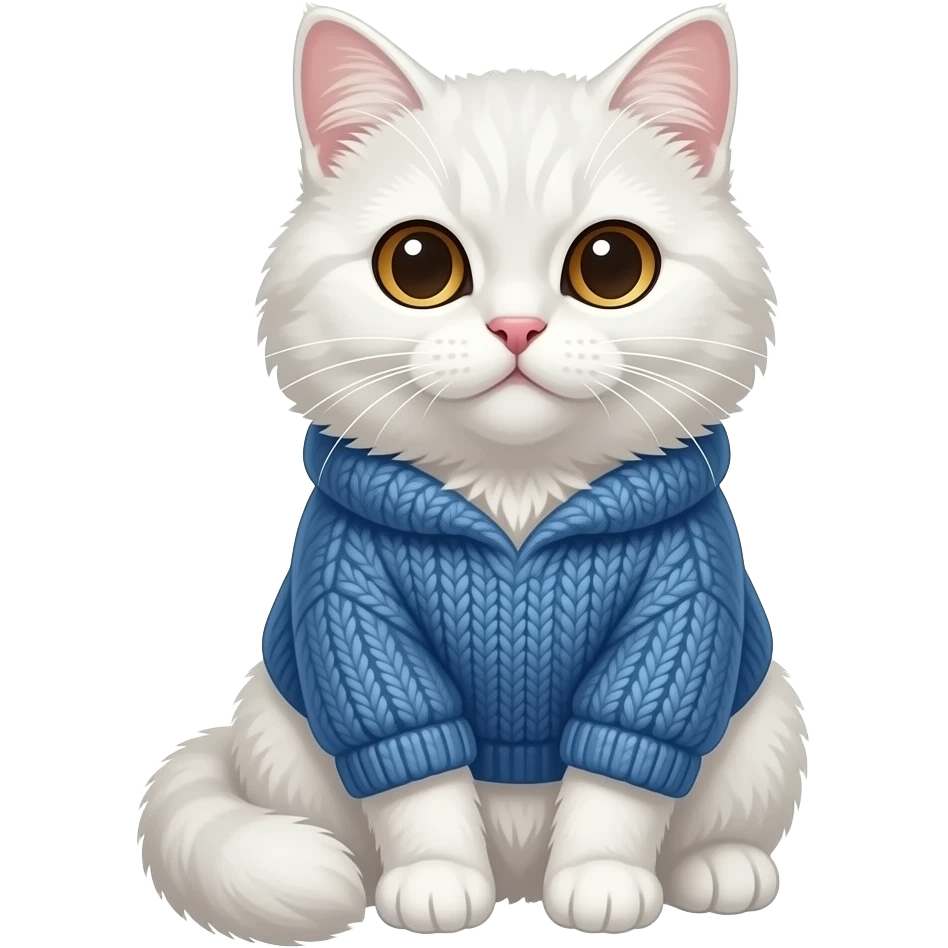 a sitting pretty and ladylike fluffy white cat with brown eyes in a blue sweater emoji