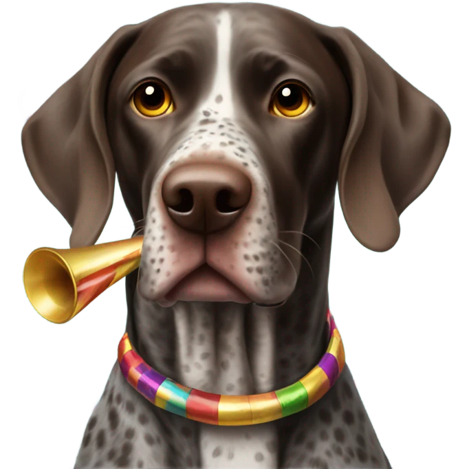 German shorthair with party horn and confetti emoji