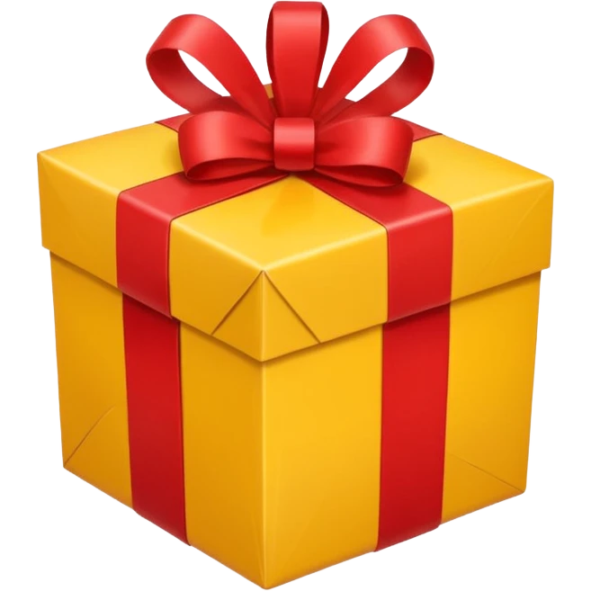 box with yellow wrapping paper and a length of red ribbon surrounding it on the ground so you can see most of the box emoji