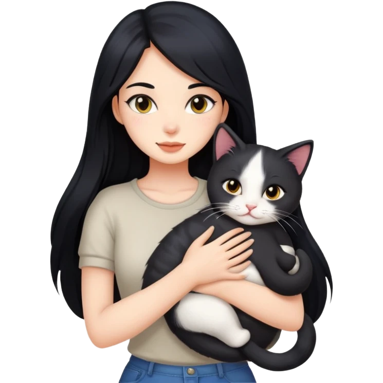 Hot girl with long black hair hugs a cat  emoji