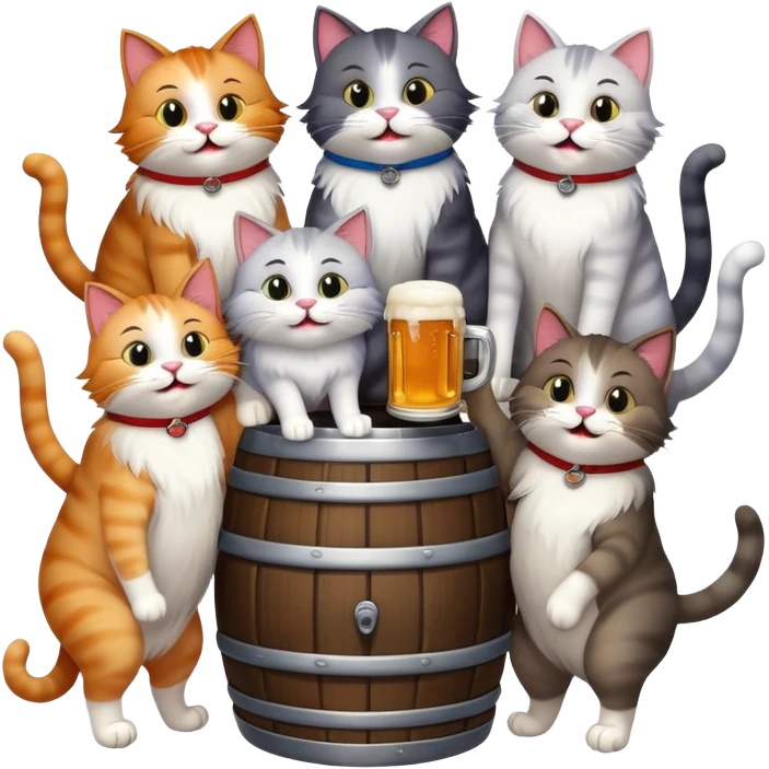 group of 7 cats standing around a beer keg, drinking, all with goofy playful expressions emoji