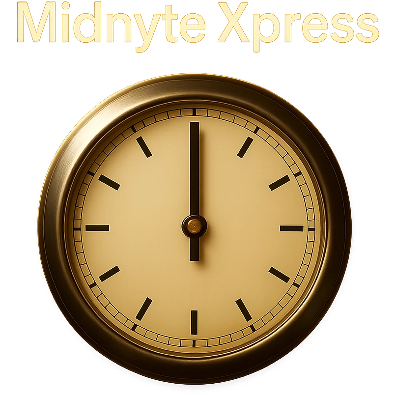 Add a glowing effect around the clock and the text 'Midnyte Xpress', keeping the realistic look and transparent background. Maintain the realistic style and enhance the glow effect around both the clock and the text for emphasis. emoji