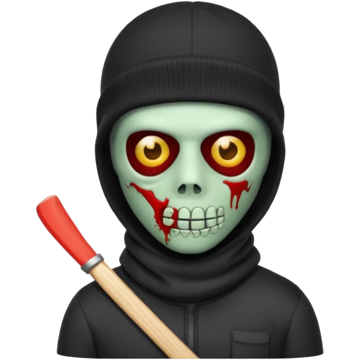 Zombie Emoji AppleIOS Style, Black Hair, SkiMask on Sideways Head, and Black shirt emoji