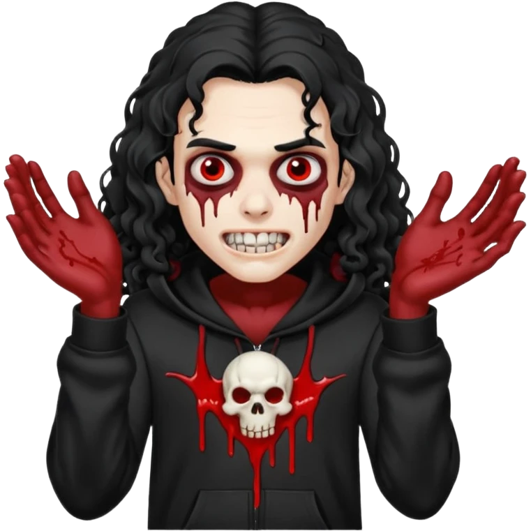 Vampire wearing a black hoodie with a skull logo on it, long curly hair that covers the forehead, fanged teeth and blood on hands emoji