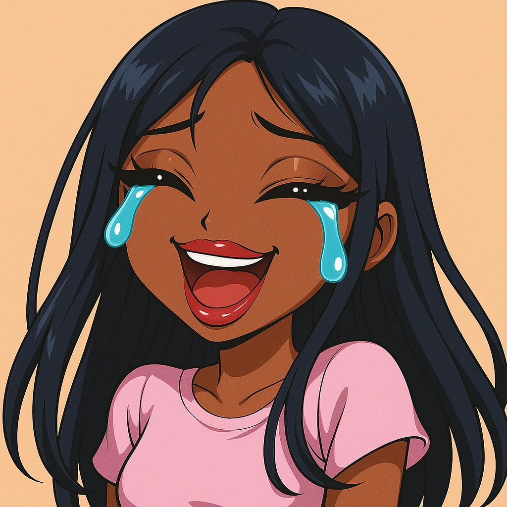 Make the character look like a 20-year-old woman in anime Bratz style with dark skin, dark hair, crying laughing expression, big expressive eyes, and glossy lips. emoji