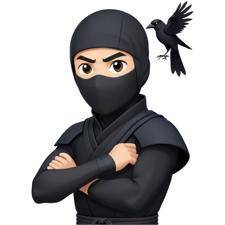 clash-of-clans-aesthetic_-cinematic-mysterious-male-ninja-portrait-emoji, rendered in a flat, vector-style with minimal shading and bold, simplified shapes, with a head slightly turned revealing intense, focused eyes. the ninja has his arm out and perched on top of his forarm is  a black crow emoji