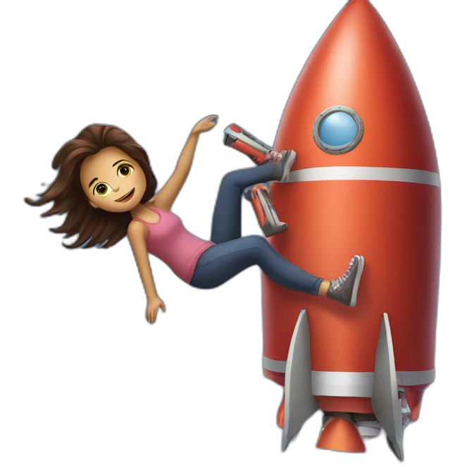 Girl hanging on to big rocket emoji