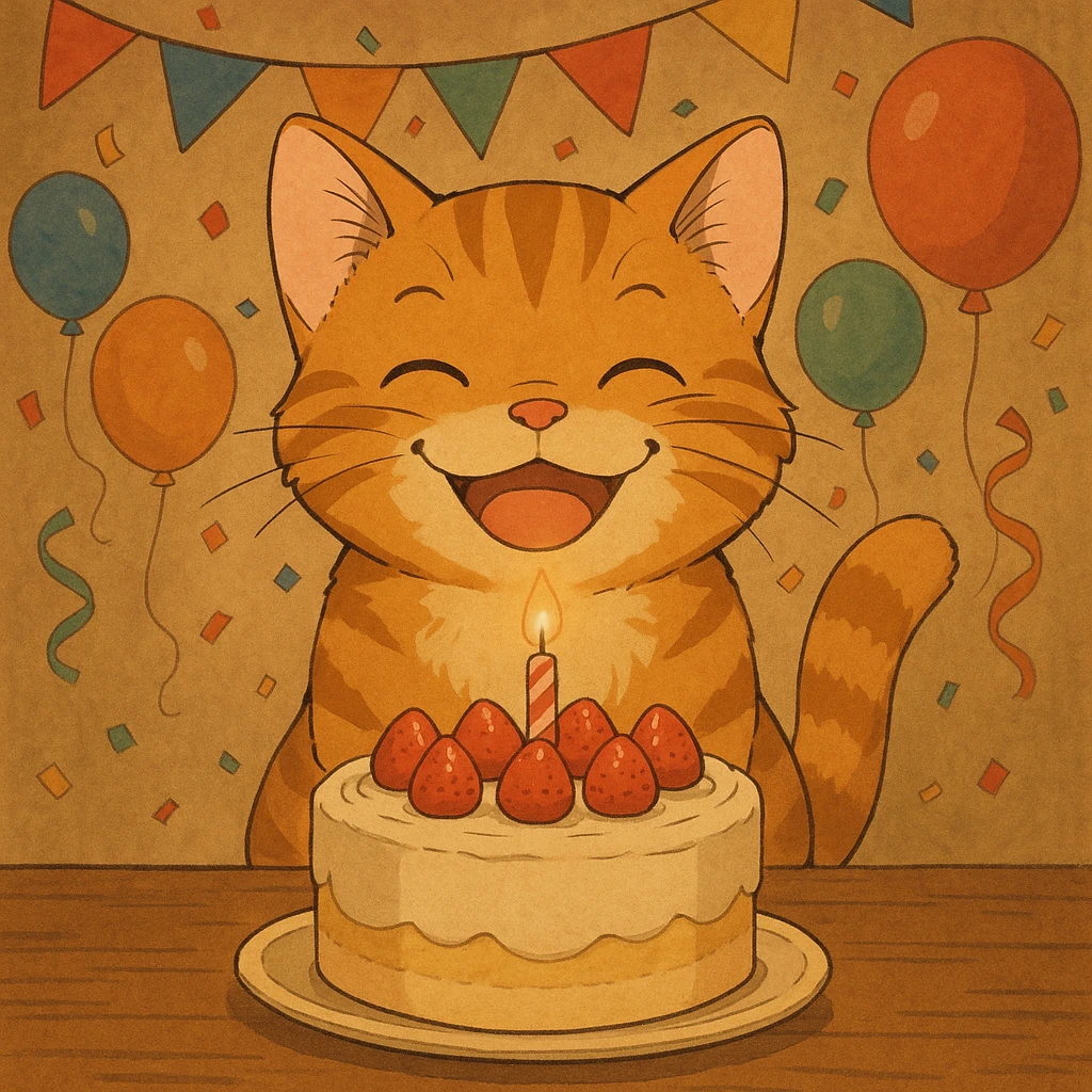 ginger tabby kitten with birthday cake, festive decorations, happy expression, ghibli style birthday scene emoji