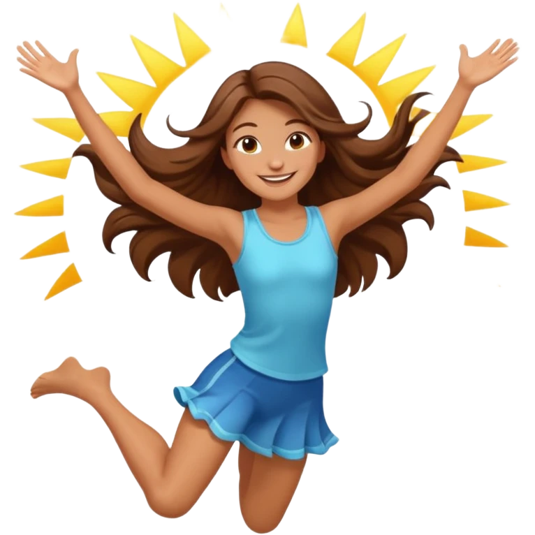 Girl with long brown hair happy jumping in the air with sunbeams in the background  emoji
