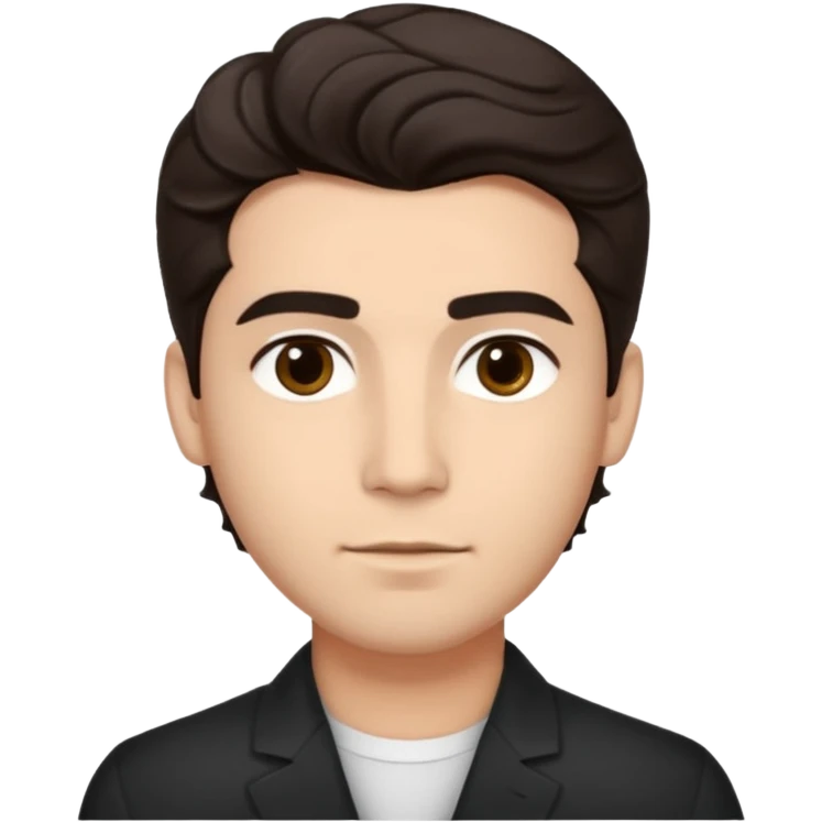 He’s a man with light to medium skin, a defined oval face, full brows, deep-set eyes, and wavy short dark brown tall tall hair styled with height, sides are trimmed. expression calm and focused relaxed black open-collar .polished, articulate, and coach vibe. emoji