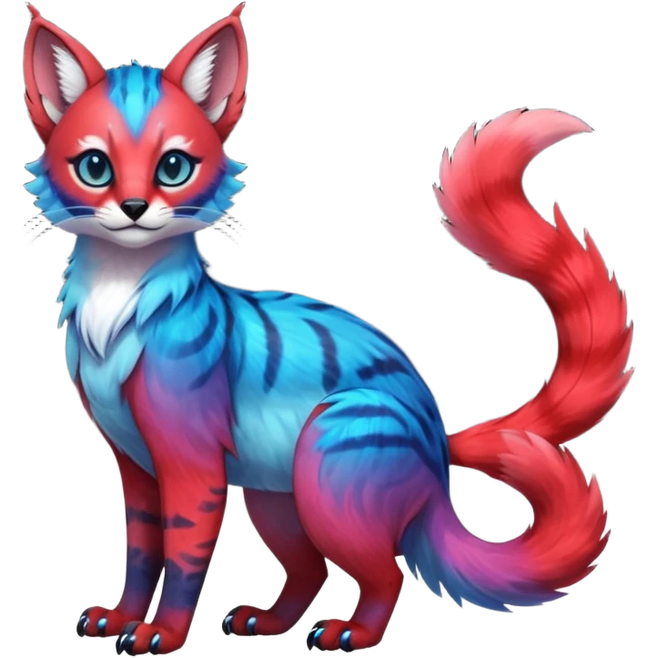 Cute kawaii cool edgy badass  vibrant cyan-cobalt-blue-to-crimson-red gradient-colored iridescent glossy fur  fantasy-caracal-civet-genet-sergal-vernid-Gryphon-Cacomistle-Trico-oncilla-animal-Fakémon-hybrid-fursona (full body), facial markings, (realism style) emoji