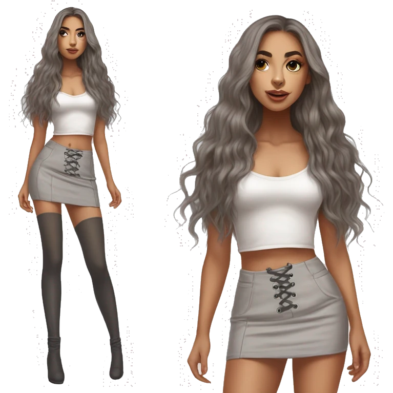 caucasian straight long brown haired, white plush lace up crop top, tight grey mini skirt, hyperrealist drawing emoji