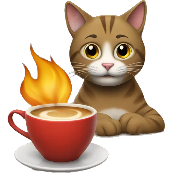 A cat sitting at a table with a cup of coffee. There is a fire in the background. emoji
