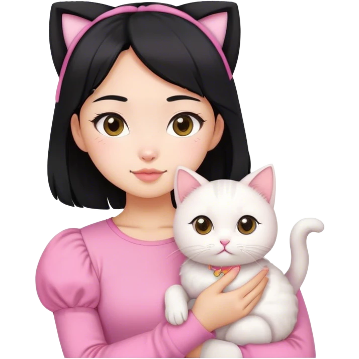 Black hair asian pretty girl wearing pink puffsleeves top, holding a white cute cat emoji