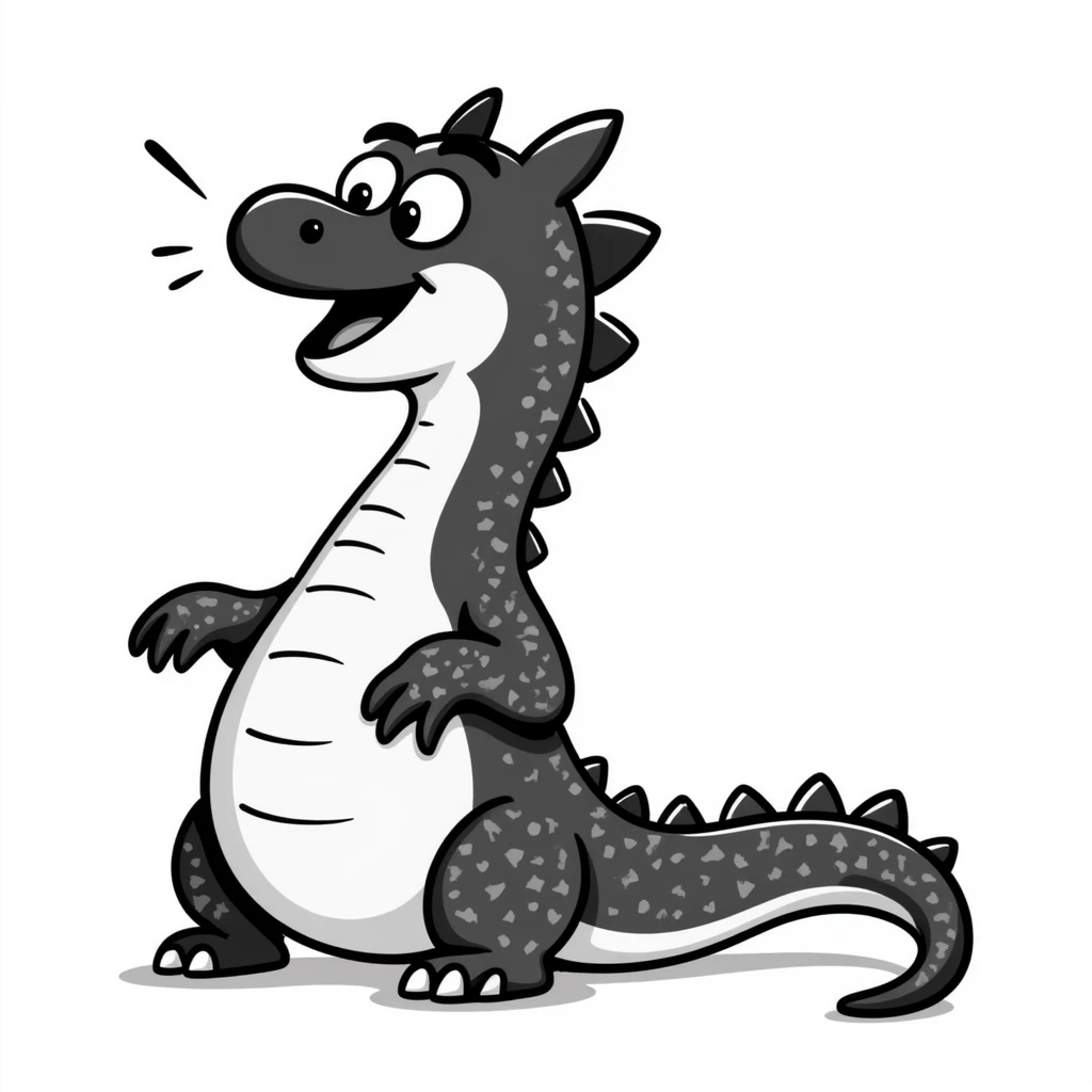 A hand-drawn fat komodo dragon with a huge round belly, hiccupping with motion lines around it emoji